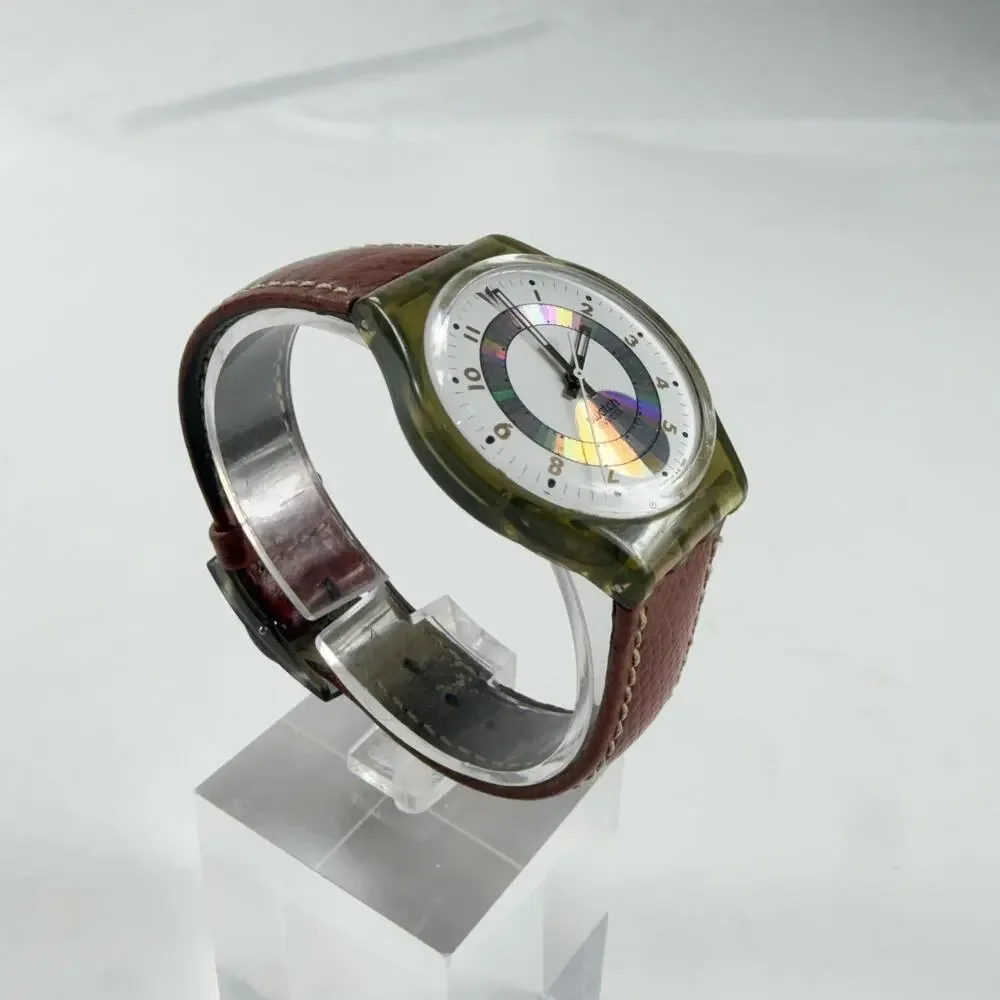 Vintage Swatch Mens Watch Orly GM110 34mm White Dial Brown Leather Strap Swiss